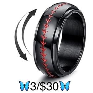 Stainless Steel Baseball Unisex Black & Red Fidget Spinner Ring Size 10